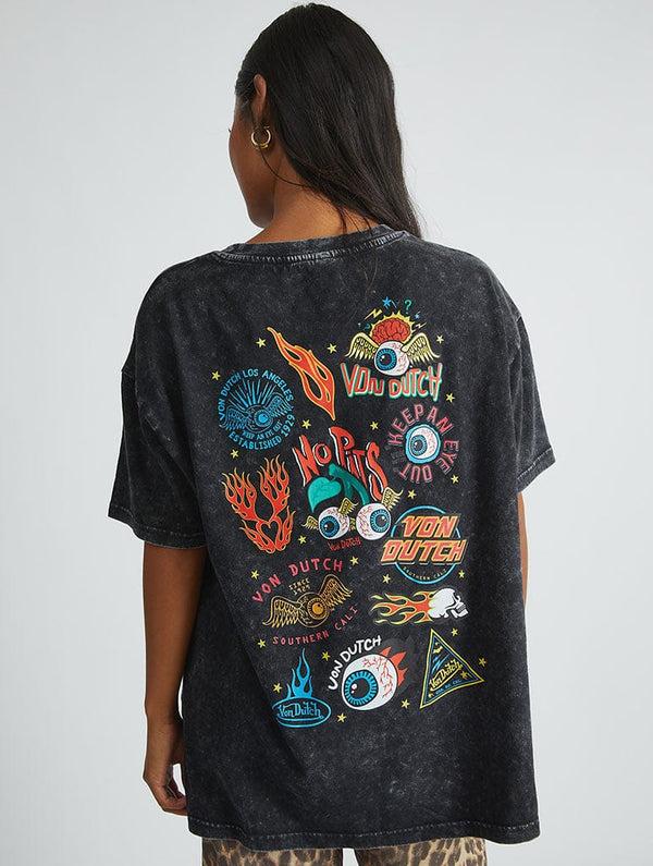 Skinnydip London Von Dutch Sticker T-Shirt In Acid Wash
