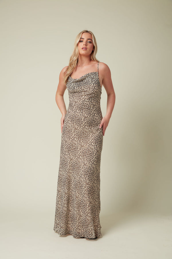 Skirt & Stiletto Animal Print Bias Cut Maxi With Cowl Neck