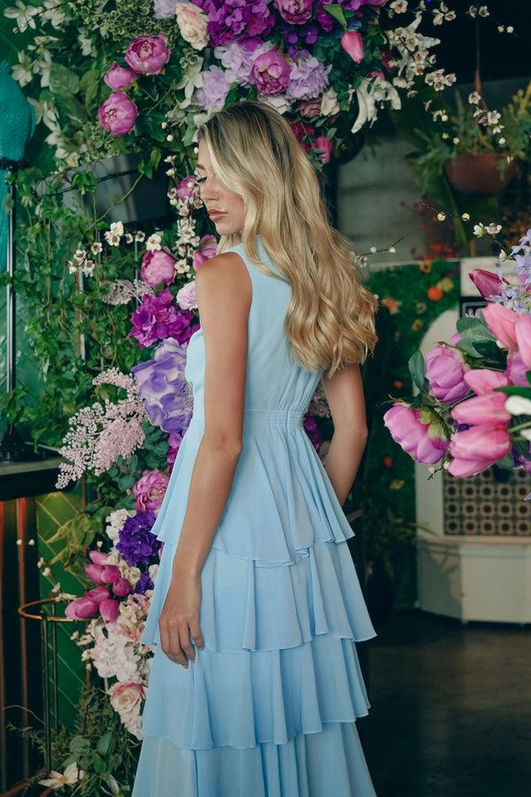 Skirt & Stiletto Baby Blue Layered Chiffon Midi Dress