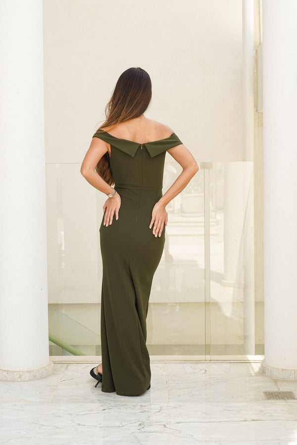 Skirt & Stiletto Bardot Crepe Maxi Dress With Front Slit