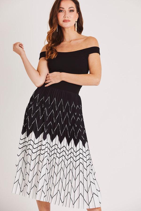 Skirt & Stiletto Bardot Pleated Midi Dress In Black And White