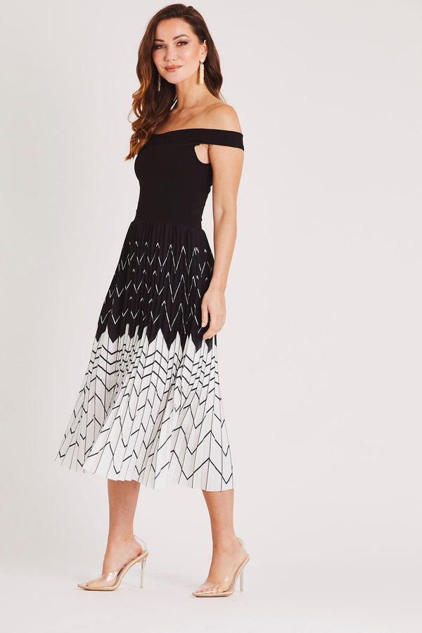 Skirt & Stiletto Bardot Pleated Midi Dress In Black And White