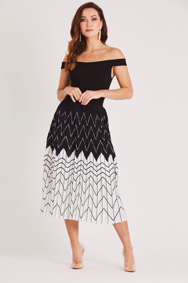 skirt & stiletto Bardot Pleated Midi Dress in Black and White