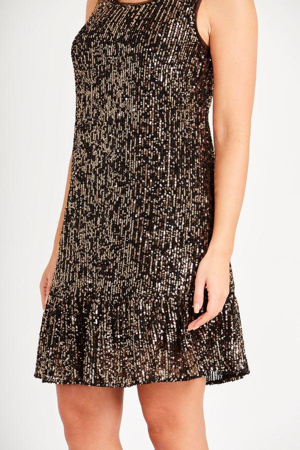 Skirt & Stiletto Black And Gold Sleeveless Sequin Dress With Frill