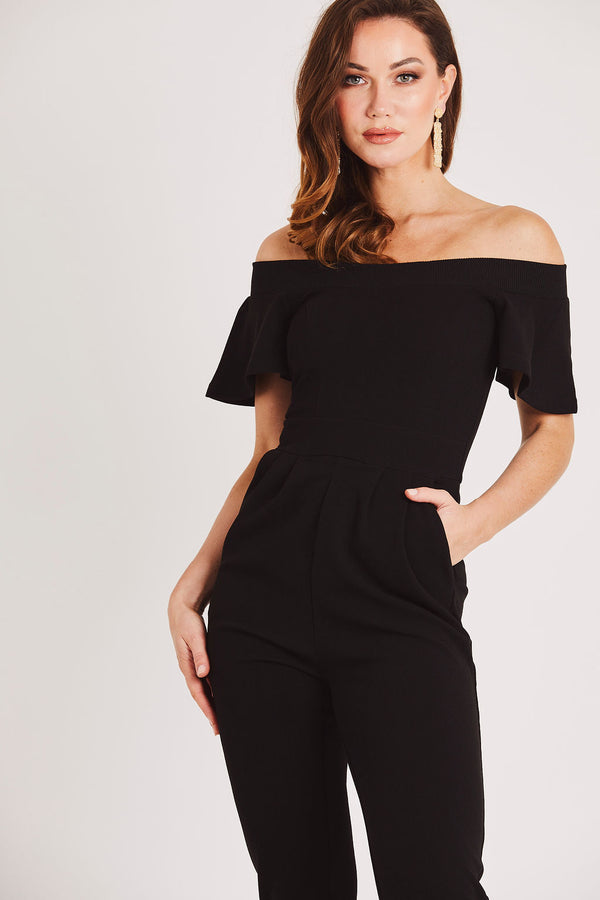Skirt & Stiletto Black Bardot Fitted Jumpsuit With Open Sleeve