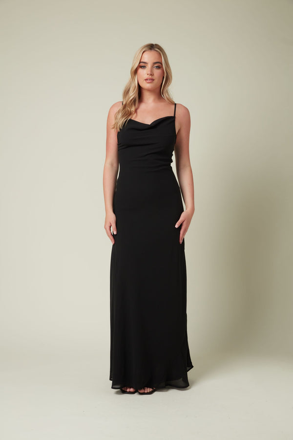 Skirt & Stiletto Black Chiffon Maxi Dress With Cowl Neck