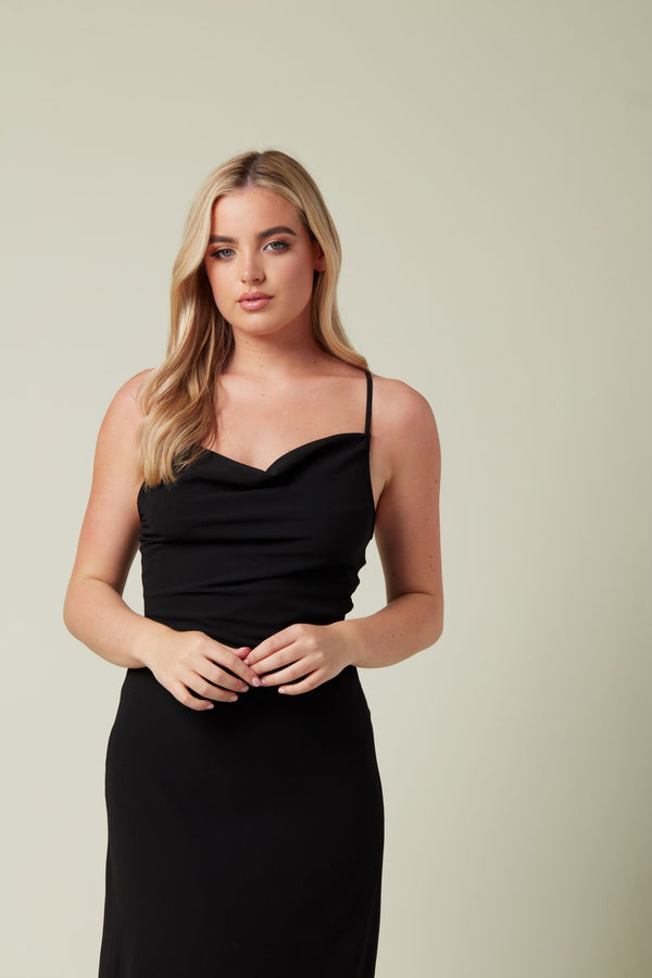 Skirt & Stiletto Black Chiffon Maxi Dress With Cowl Neck