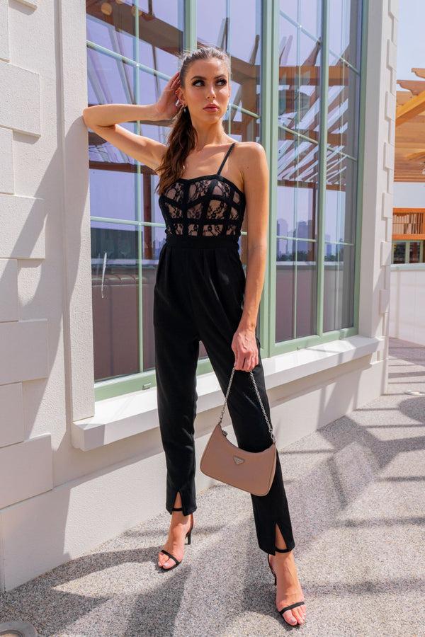 skirt & stiletto Black Lace Jumpsuit with Tapered Leg