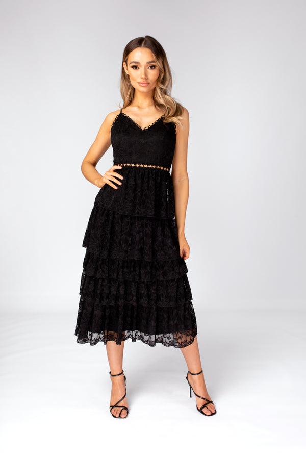 Skirt & Stiletto Black Layered Lace Midi Dress With Details