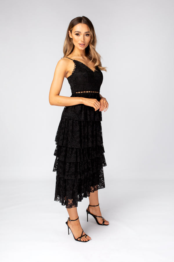 Skirt & Stiletto Black Layered Lace Midi Dress With Details