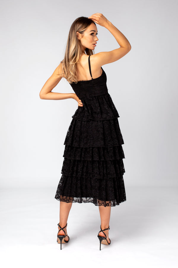 Skirt & Stiletto Black Layered Lace Midi Dress With Details