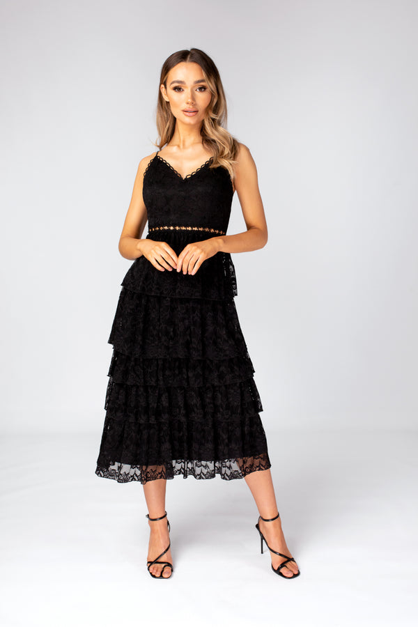 skirt & stiletto Black layered Lace Midi Dress with Details
