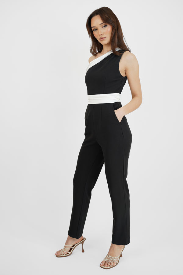 Skirt & Stiletto Black One Shoulder Jumpsuit With White Band