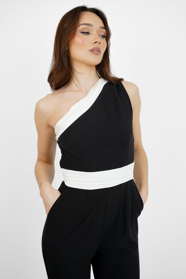 Skirt & Stiletto Black One Shoulder Jumpsuit With White Band