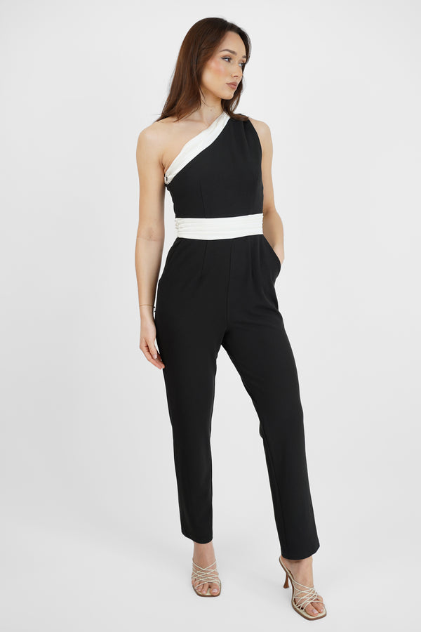 skirt & stiletto Black One Shoulder Jumpsuit with White Band