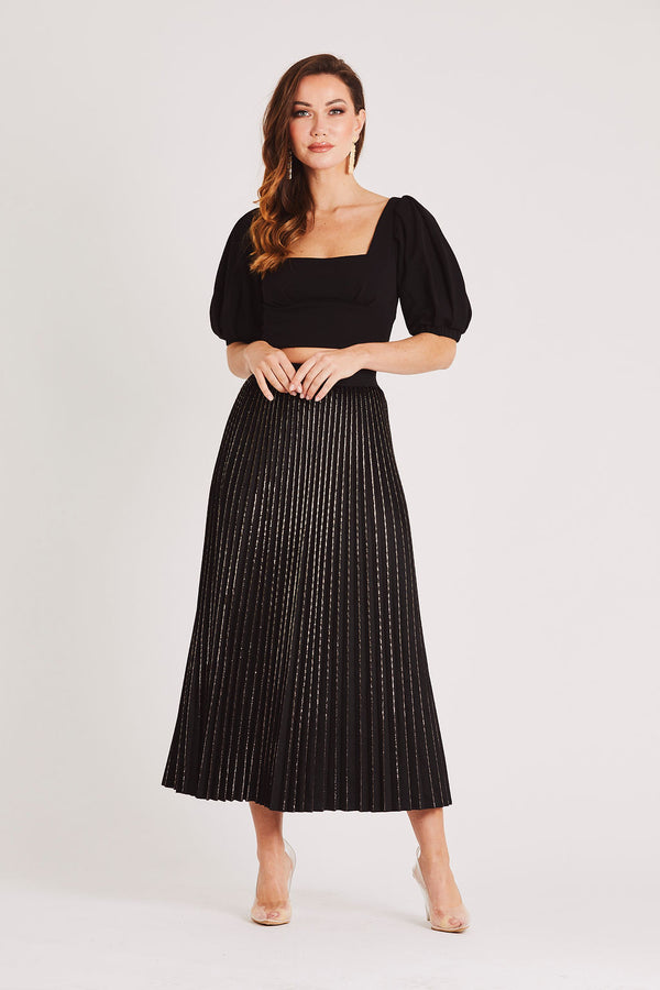 Skirt & Stiletto Black Pleated Velvet Midi Skirt With Gold Detail