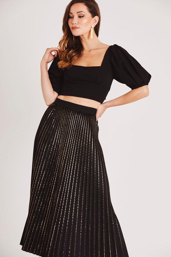 Skirt & Stiletto Black Pleated Velvet Midi Skirt With Gold Detail