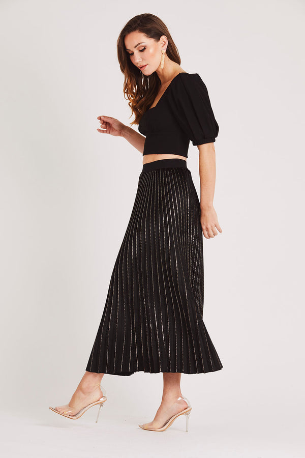 Skirt & Stiletto Black Pleated Velvet Midi Skirt With Gold Detail