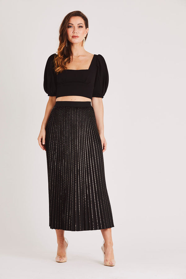 skirt & stiletto Black Pleated Velvet Midi Skirt with Gold Detail