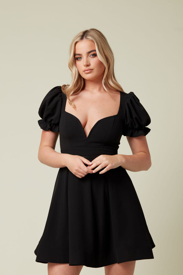 Skirt & Stiletto Black Skater Dress With Deep V Neckline And Chiffon Sleeve