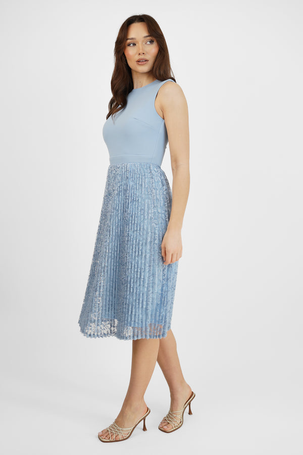 Skirt & Stiletto Blue Sleeveless Pleated Lace Midi Dress