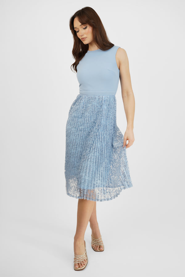 skirt & stiletto Blue Sleeveless Pleated Lace Midi Dress