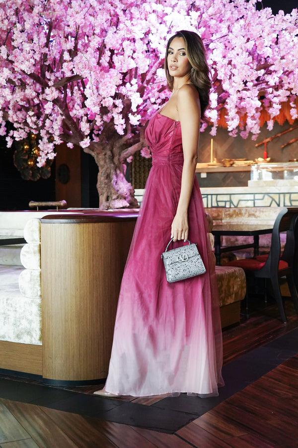 Skirt & Stiletto Bordeaux One Shoulder Tulle Ombre Maxi Dress