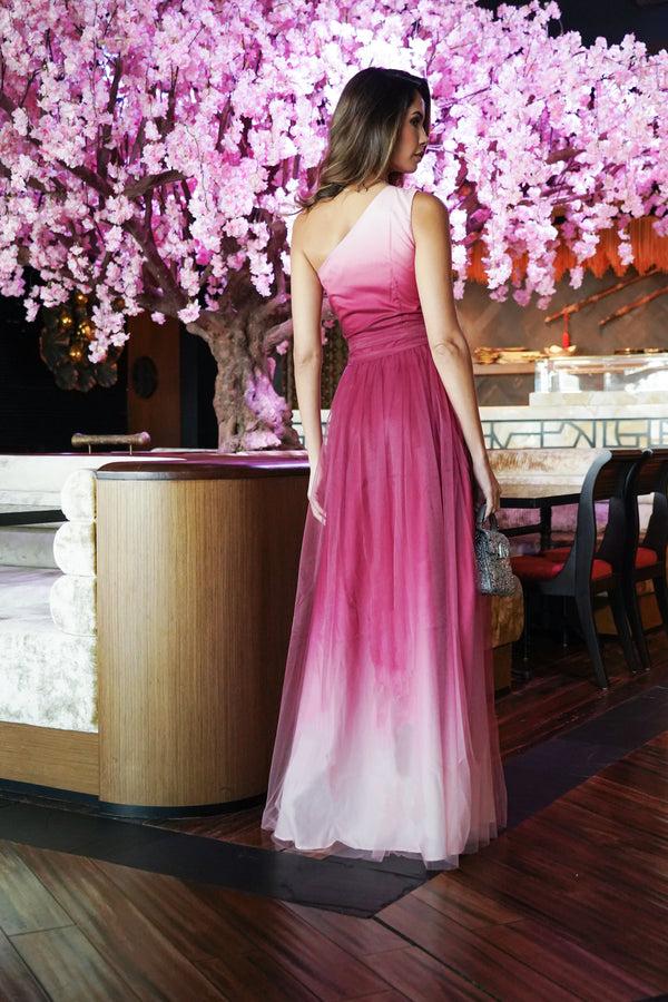 Skirt & Stiletto Bordeaux One Shoulder Tulle Ombre Maxi Dress