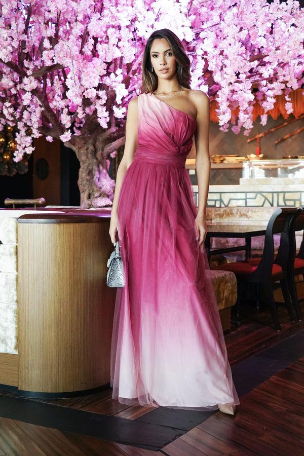 skirt & stiletto Bordeaux One Shoulder Tulle Ombre Maxi Dress