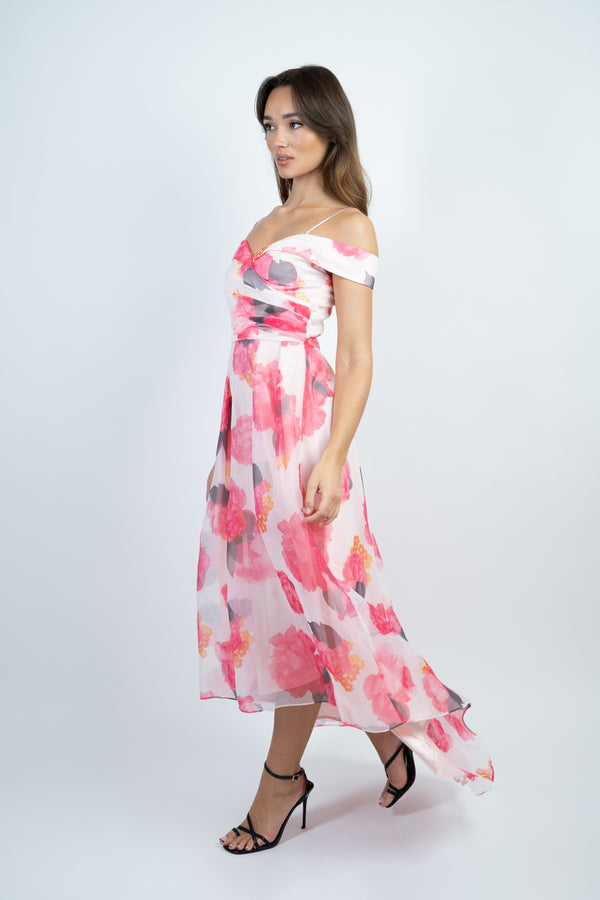 Skirt & Stiletto Floral Print Off The Shoulder Tulle Midi Dress