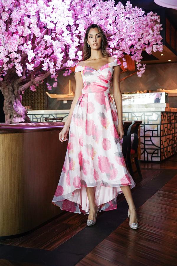 Skirt & Stiletto Floral Print Off The Shoulder Tulle Midi Dress