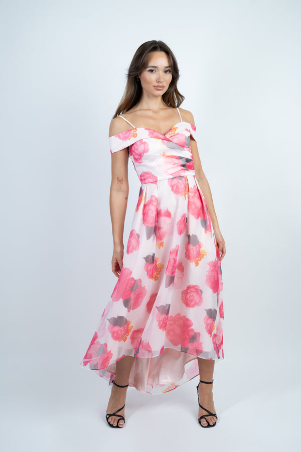 skirt & stiletto Floral Print Off the Shoulder Tulle Midi Dress