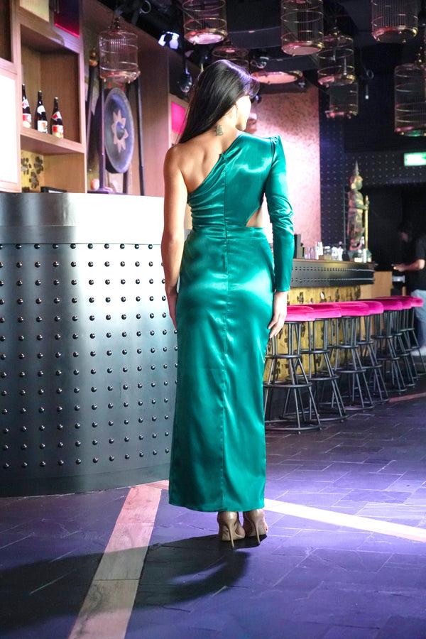 Skirt & Stiletto Forest Green One Shoulder Satin Maxi Dress With Cutout