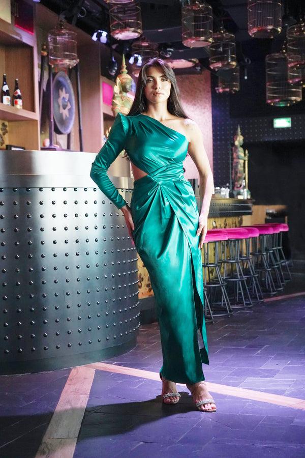 skirt & stiletto Forest Green One Shoulder Satin Maxi Dress with Cutout