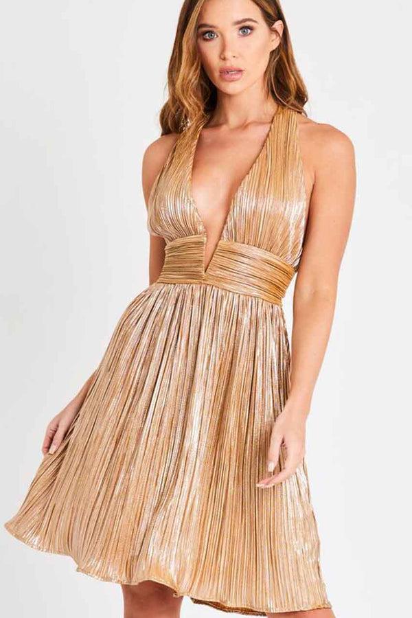 Skirt & Stiletto Gold Metallic Dress With Deep V Neckline