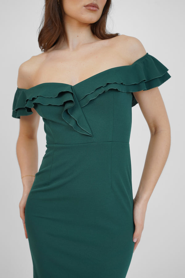Skirt & Stiletto Green Off The Shoulder Midi Dress With Frills