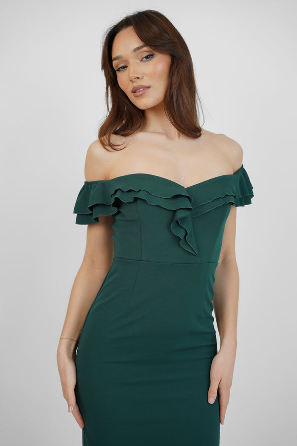 Skirt & Stiletto Green Off The Shoulder Midi Dress With Frills