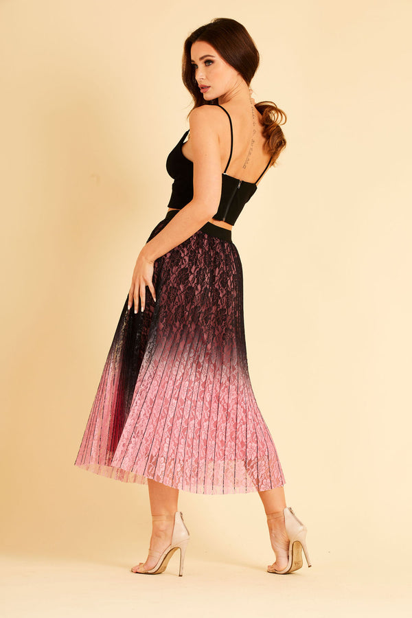 Skirt & Stiletto Lace Embroidered Pink And Black Pleated Midi Skirt
