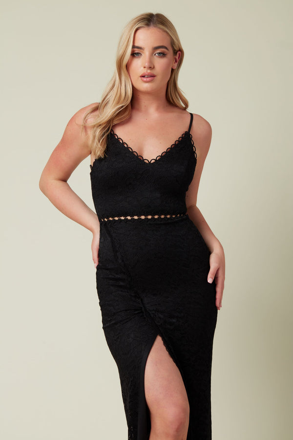 Skirt & Stiletto Lace Maxi Dress With Front Slit In Black