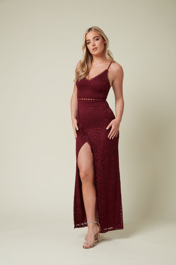 Skirt & Stiletto Lace Maxi Dress With Front Slit In Wine