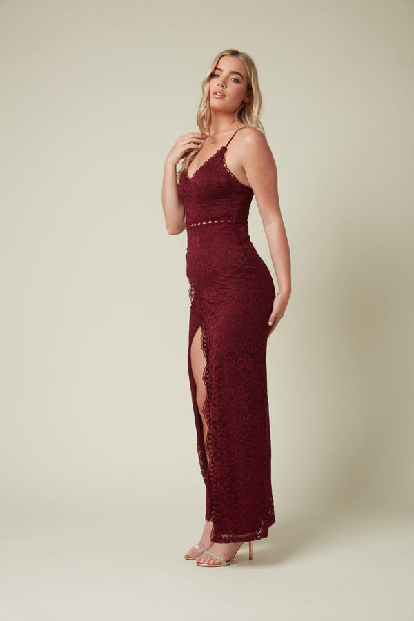 Skirt & Stiletto Lace Maxi Dress With Front Slit In Wine