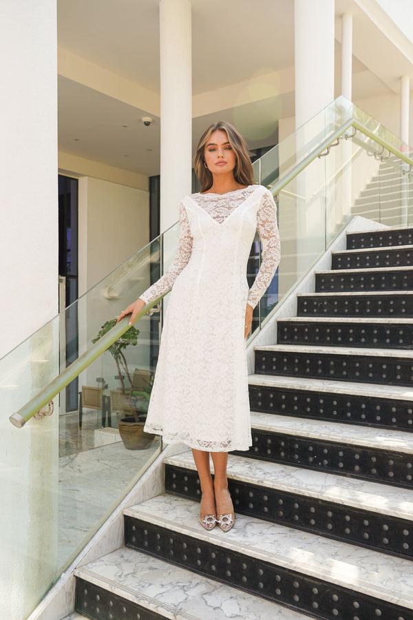 skirt & stiletto Long Sleeve Lace Midi Dress in White