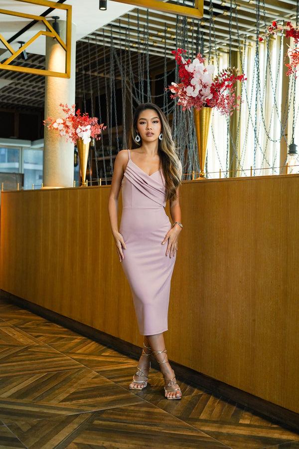 skirt & stiletto Midi Dress with Pleated Drape in Blush