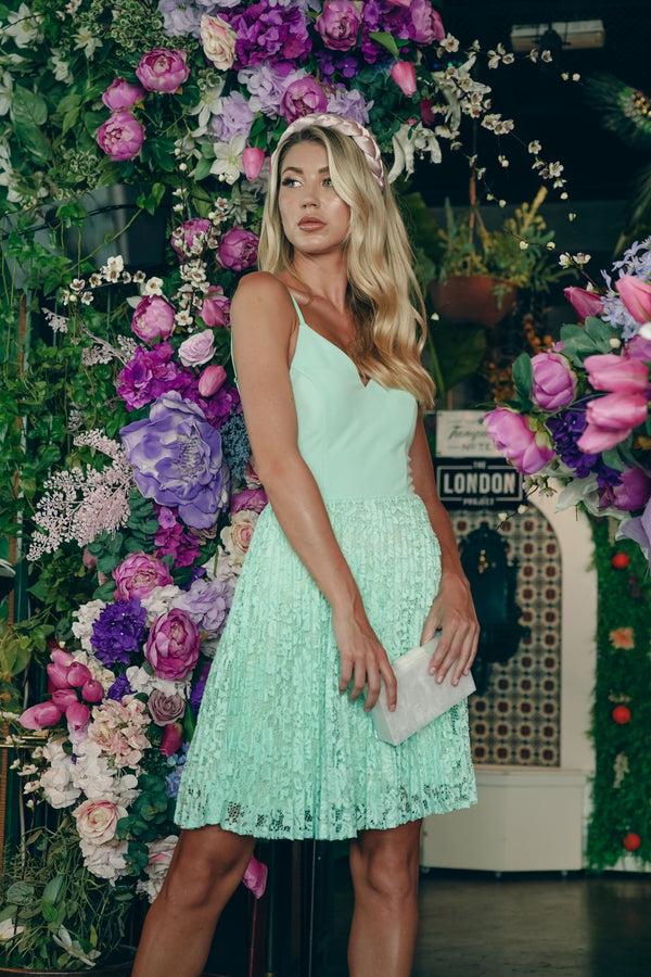 Skirt & Stiletto Mini Skater Dress With Pleated Lace Skirt In Mint