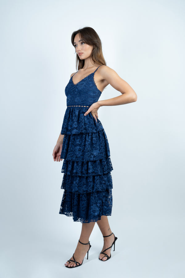 Skirt & Stiletto Navy Layered Lace Midi Dress With Details