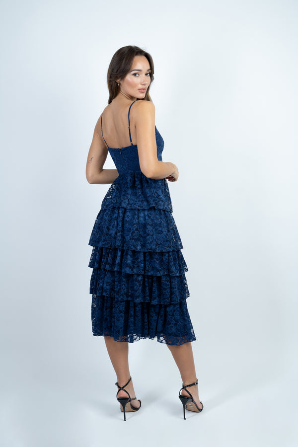 Skirt & Stiletto Navy Layered Lace Midi Dress With Details