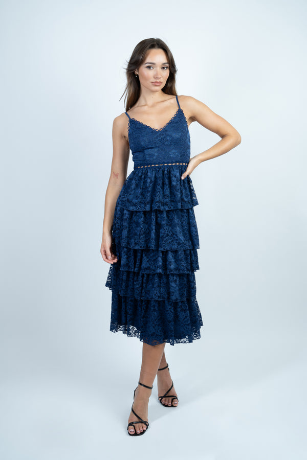 skirt & stiletto Navy Layered Lace Midi Dress with Details