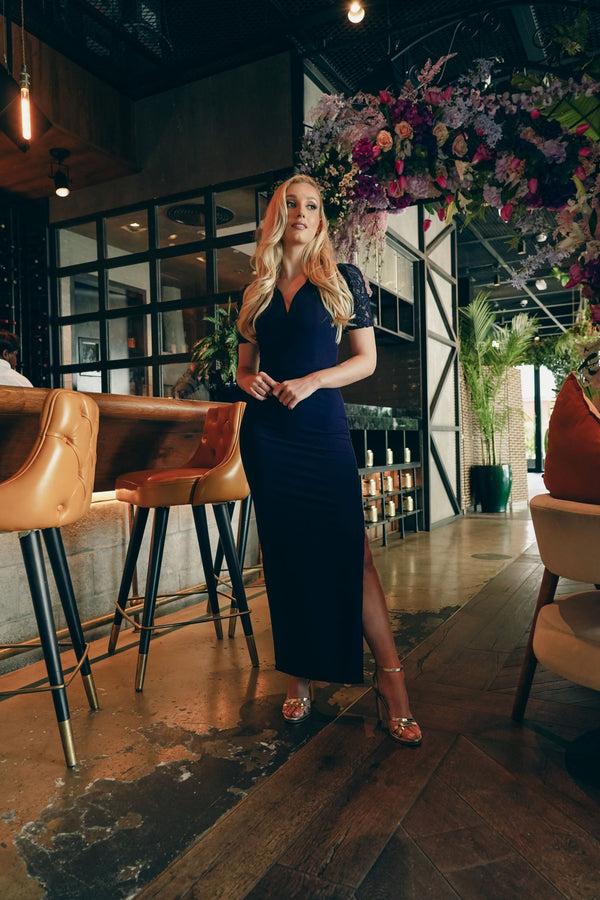 Skirt & Stiletto Navy Maxi Dress With Lace Sleeve And Side Slit