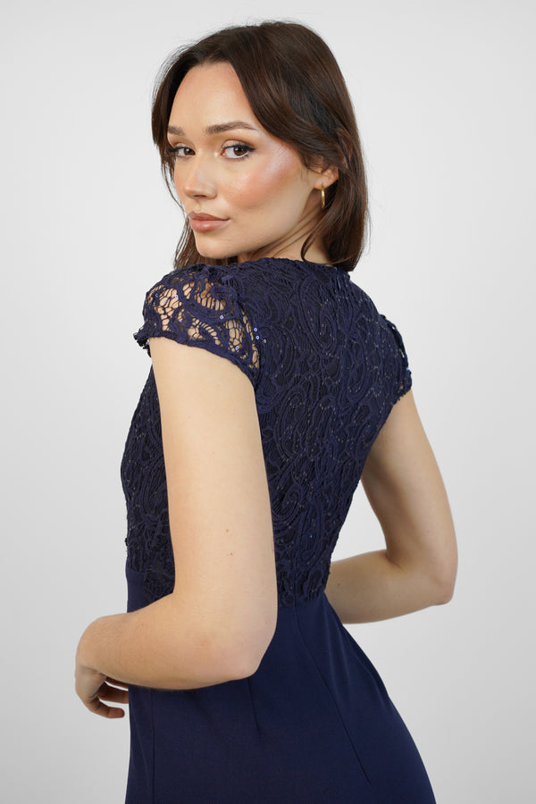 Skirt & Stiletto Navy Sequin Lace Maxi Dress With Slit