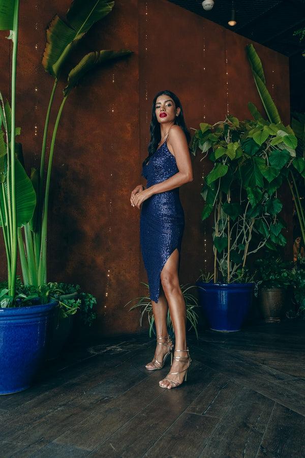 Skirt & Stiletto Navy Sequin Midi Dress With Side Slit